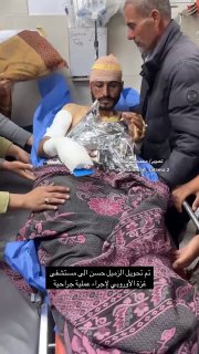Journalist Hassan Aslih was transferred to the Gaza European Hospital after being injured in the occupation raid on the 